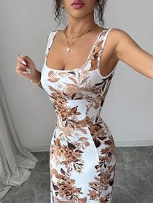 SHEIN Raffinéa 女款亮白色花卉夏季新款洋裝，方領細肩帶迷人露背開衩修身高腰洋裝，適合派對約會度假婚禮 - 白色 - 查看 8