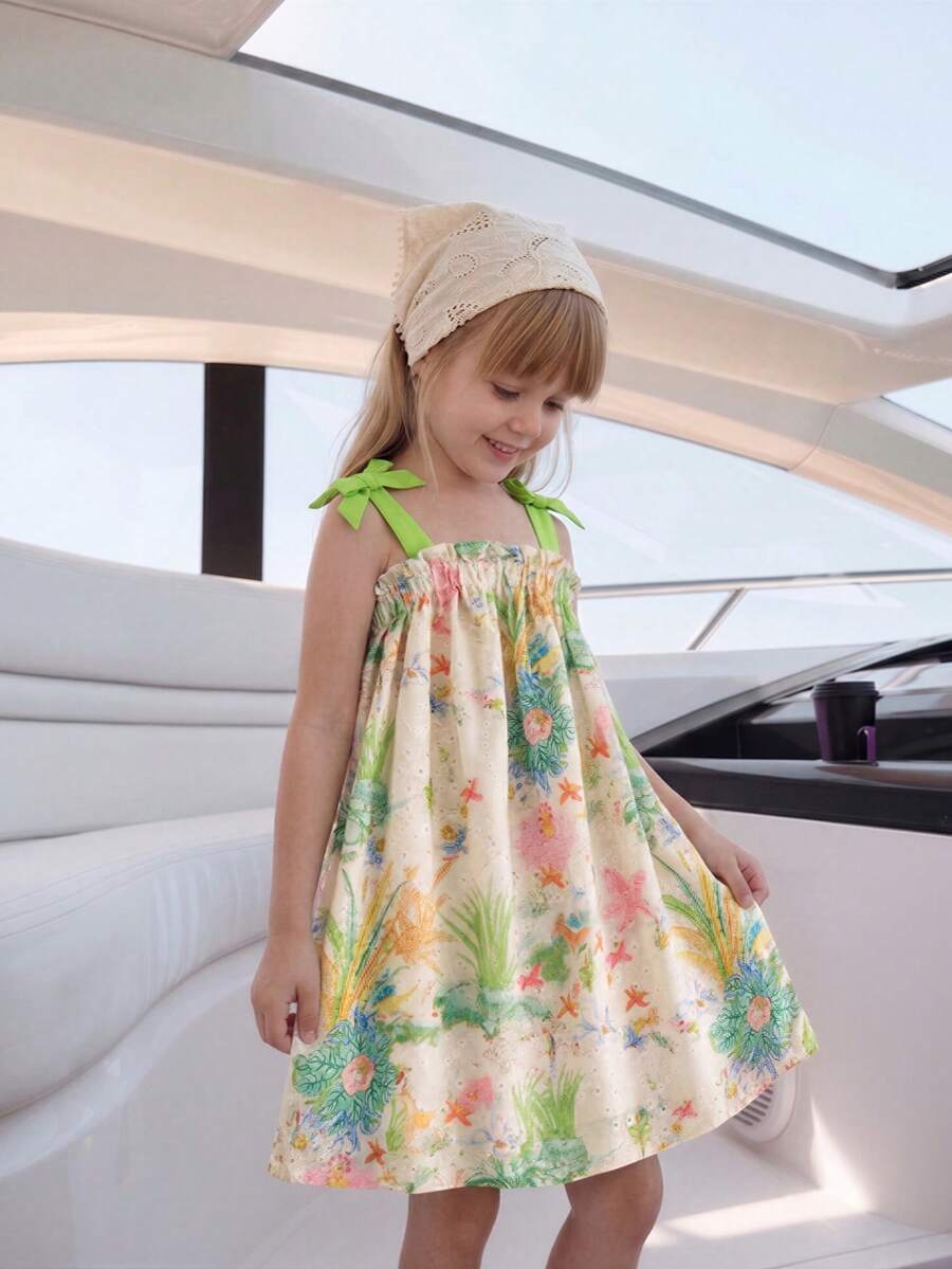 Elladie kids 1件女童夏季新款连衣裙,儿童刺绣印花露肩宽松连衣裙,带蝴蝶结设计,适合夏季海滩度假 - 綠色 - 查看 1