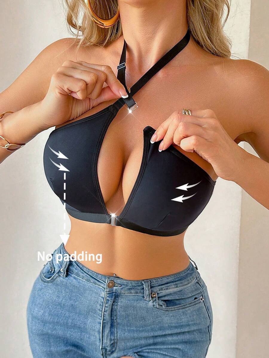 SHEIN Elacene 女士纯色性感镂空前钩交叉胸罩 - 黑色 - 查看 1