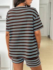 SHEIN 2pcs/Set Maternity Striped T-Shirt And Shorts - Brown - View 2