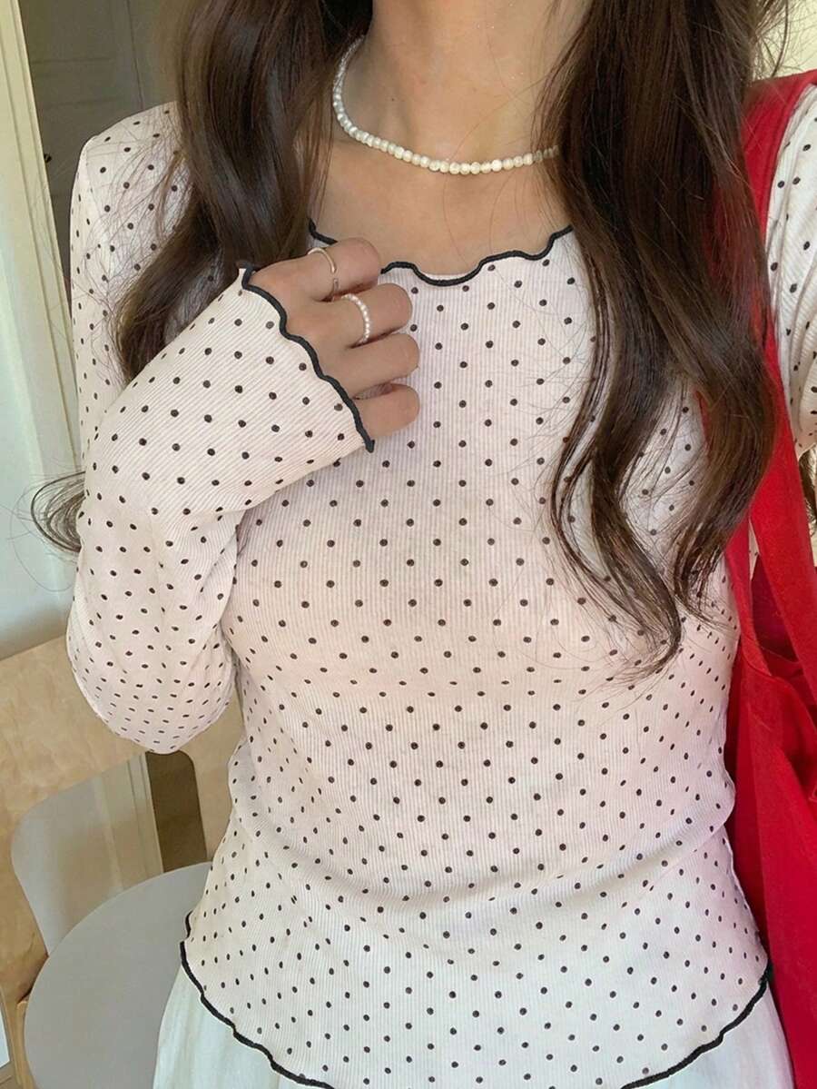 DAZY Women's Polka Dot Sheer Long Sleeve Crew Neck Undershirt, Spring/Summer - Apricot - View 1