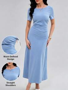 Mulvari Vestido largo de color azul cielo sólido con detalle de fruncido lateral, dobladillo en línea A ajustado, vestido de manga corta modesto para mujeres, perfecto para el trabajo y ocasiones especiales - Azul - Ver 2