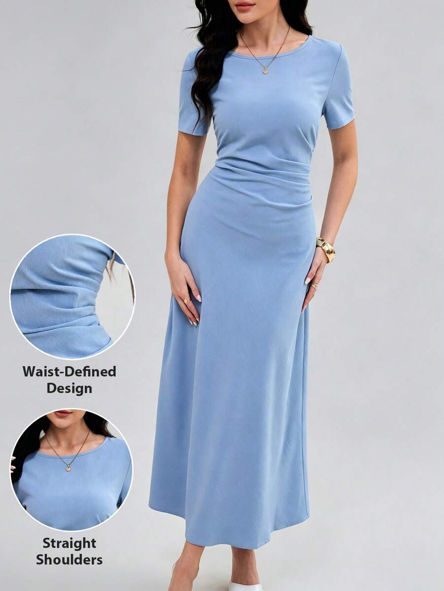 Mulvari Vestido largo de color azul cielo sólido con detalle de fruncido lateral, dobladillo en línea A ajustado, vestido de manga corta modesto para mujeres, perfecto para el trabajo y ocasiones especiales