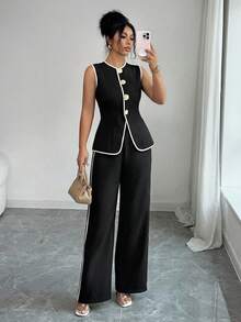 Conjunto de 2 piezas elegante estilo francés con botón con diseño de flor para tiempo libre/commuter para mujer - Blanco y Negro - Ver 5