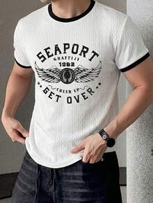 DAZY Summer Patchwork Contrast Collar Round Neck Letter Print Textured Fabric Slim Fit Men's T-Shirt Graphic Tee - White - View 1