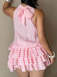 Sunnyshic Vestido 2 en 1 de cuello halter a cuadros talla grande primavera/verano - Rosa - Ver 2
