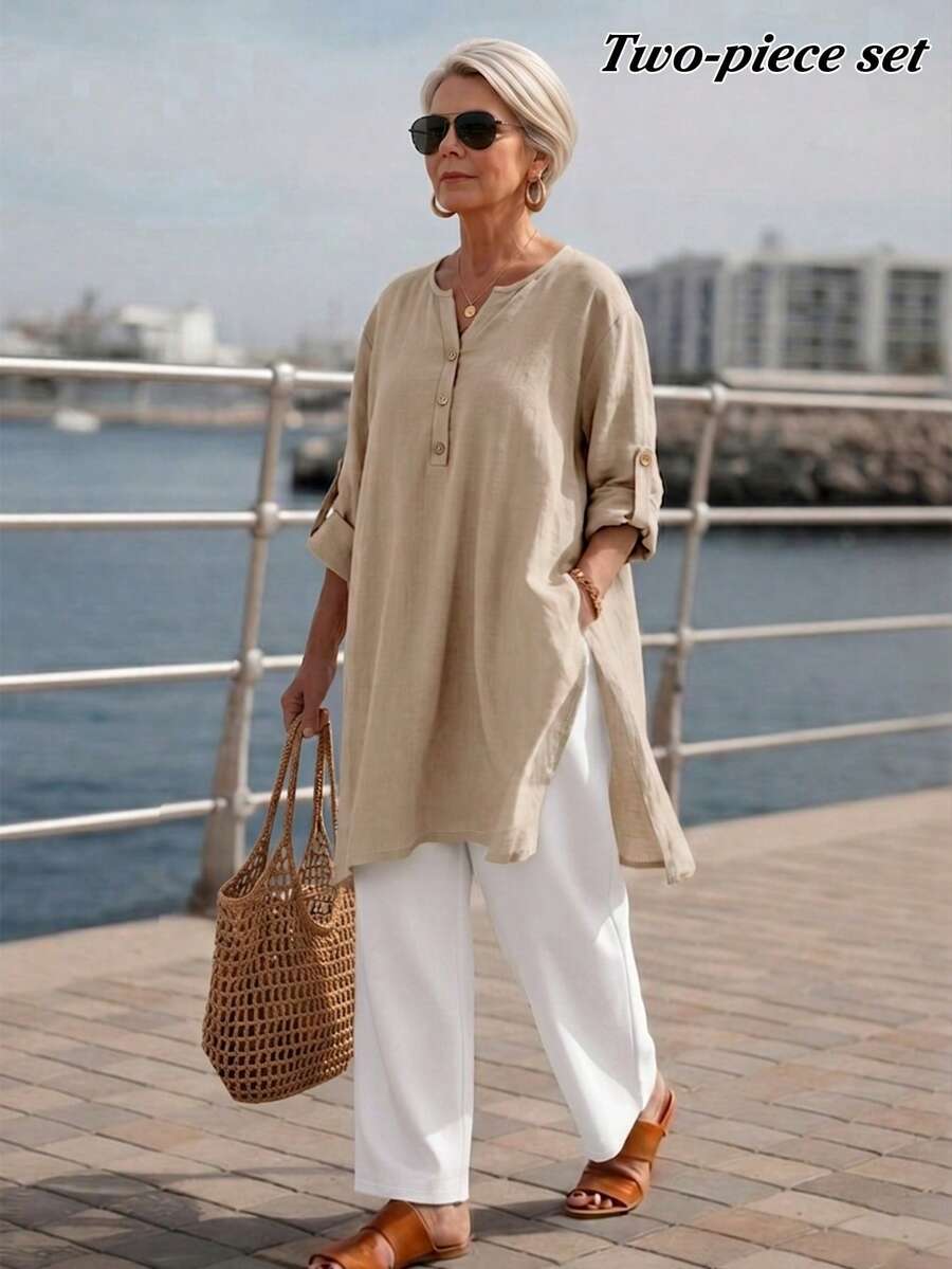 SHEIN LUNE V-Neck Half-Button Adjustable Rolled Sleeve Side Slit Long Shirt Blouse + White Elastic Waist Harem Pants Middle-Aged Women's Set - Multicolor - View 1