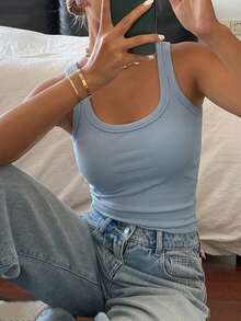 DAZY Women's Solid Color Fitted Casual Vacation Summer Tank Top - Blue - View 4