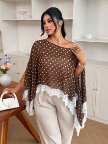 Modelyn Plus Size Women's Solid Color Asymmetrical Shoulder Split Sleeve Short Loose Blouse, Lace Trim Patchwork Fall - Coffee Brown - View 1