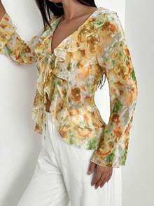Firerie Blus Chiffon Wanita dengan Ruffle dan Tali Pengikat di Depan, Lengan Lonceng, dan Motif Bunga - Kuning - View 4