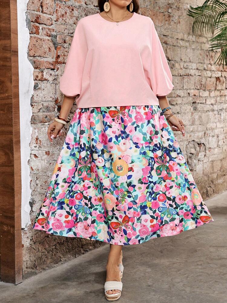 Women's Plus Size Solid Color Round Neck Blouse And Floral Print Elegant Midi Skirt Set
