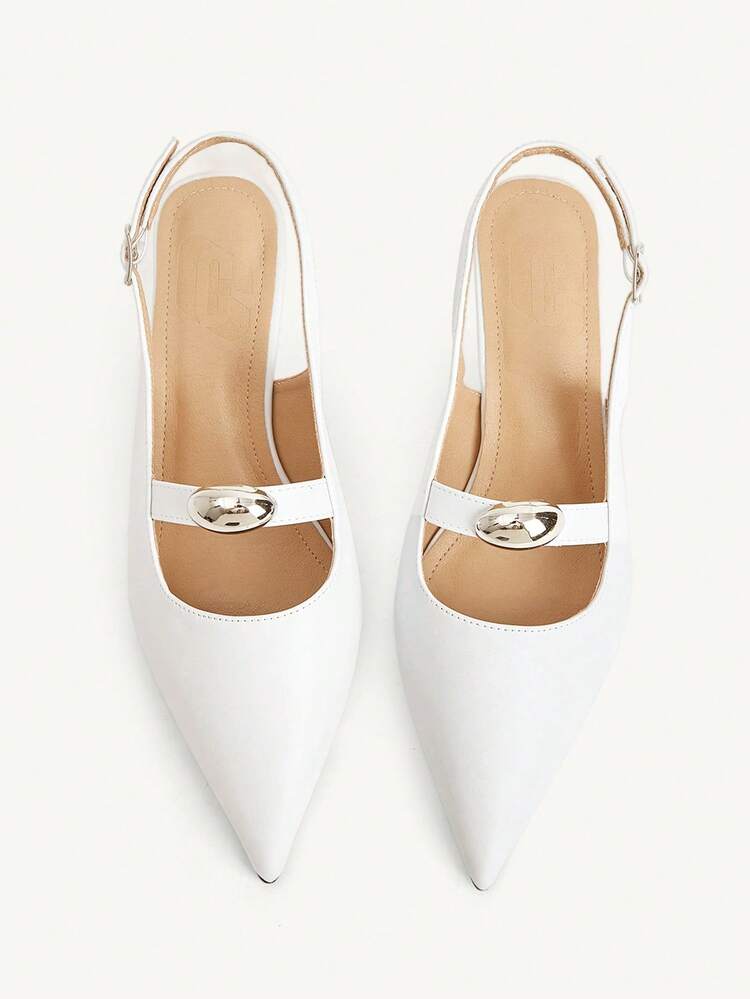 CUCCOO CHICEST Women Shoes White Leather Pointed High Heels, Metal Buckle Back Strap, Simple And Elegant Commuting Dating Temperament Women's Shoes