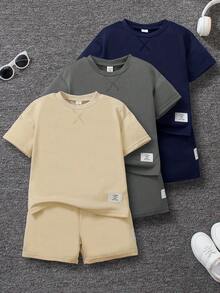 SHEIN Genkimix Kids 6件組兒童休閒簡約圓領T恤短褲套裝，夏季運動穿搭，3色（灰色、黑色、白色） - 彩色 - 查看 5