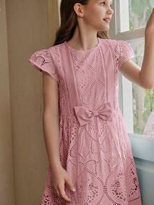 Anewsta Cute Girls' Short Sleeve Embroidered Patchwork Bow Decor Light Blue Dress, Spring/Summer New Style - Pink - View 3