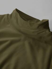 SHEIN BASICS 休閒素色針織修身版型小立領長袖女款T恤 - 軍綠色 - 查看 3