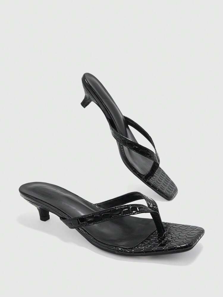 CUCCOO BIZCHIC Women Shoes Black Alligator-Patterned Square-Toed Kitten And Sandals, Wearing Versatile Commuter Spice Flip-Flops