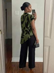 SHEIN Lady 女款植物圖案不對稱下擺襯衫與長褲兩件套 - 軍綠色 - 查看 2