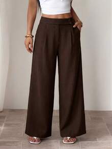 SHEIN PETITE Women's Brown Bamboo Fabric Waist Front Overlay Buckle Design Elegant Teacher Uniform Professional Casual, Thanksgiving, Halloween Essential Versatile - Burgundy - View 7
