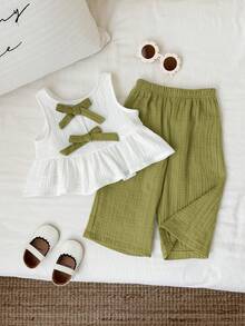 SHEIN 2pcs/Set Baju Bayi Perempuan Musim Panas Kasual Lucu Manis Atasan Tank Top dengan Pita & Celana Panjang Pinggang Elastis - Lime Green - View 6