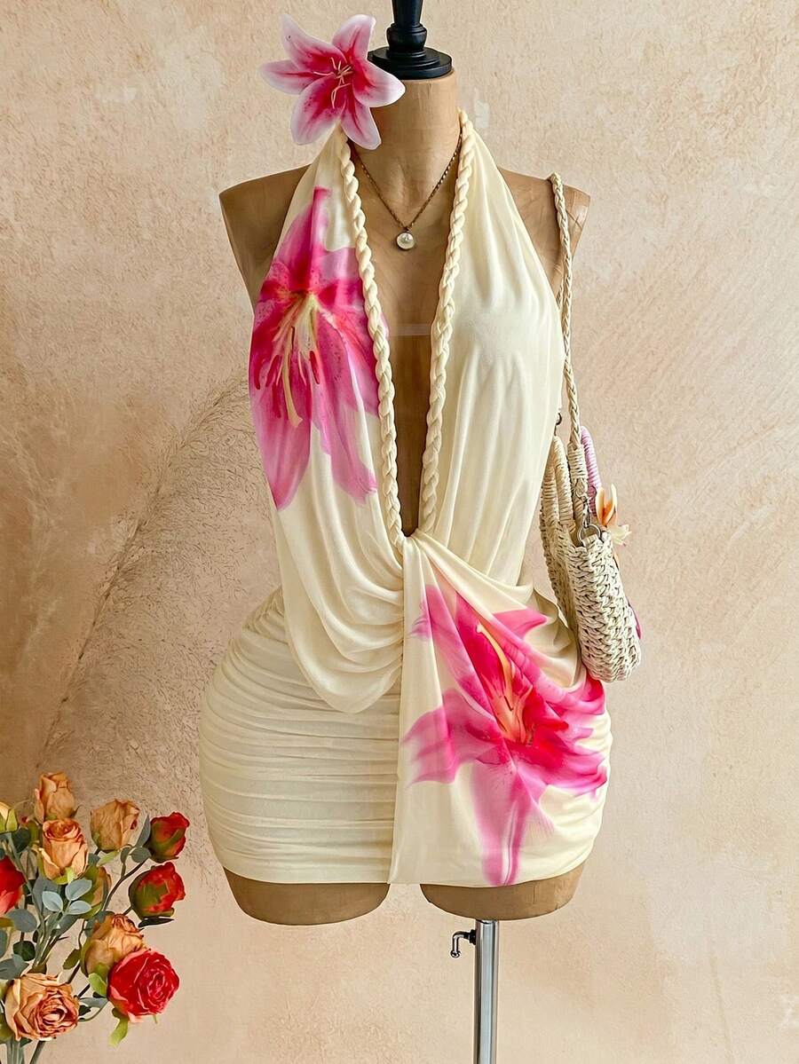 Soleia Women's Floral Print Deep V Neck Ruched Sexy Halter Mini Dress, Vacation - Pale Yellow - View 1