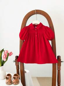 SHEIN LMoss Kids 女婴可爱短袖翻领连衣裙，夏季 - 紅色 - 查看 2
