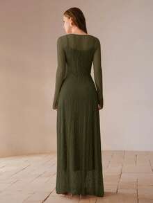 MOTF PREMIUM V-NECK TIE FRONT SHEER LONG DRESS - Army Green - View 2