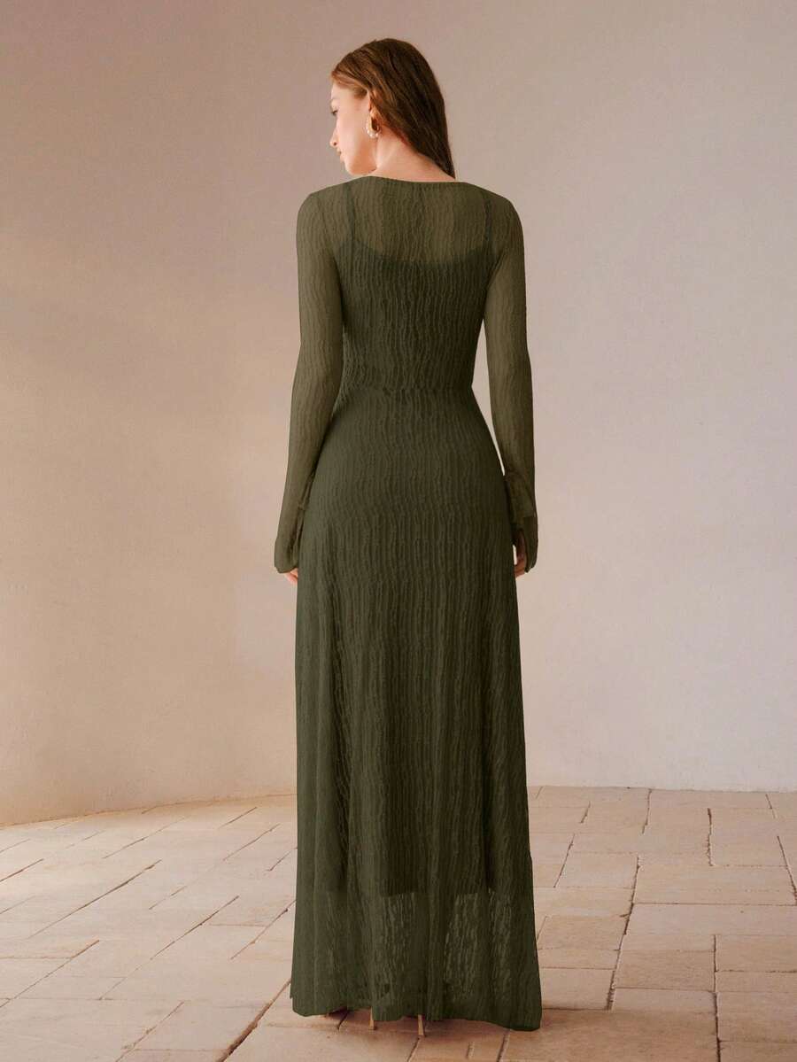 MOTF PREMIUM V-NECK TIE FRONT SHEER LONG DRESS - Army Green - View 2