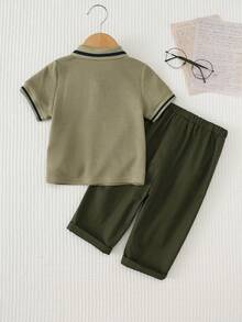 Cozy Pixies 2pcs Baby Boy Soft Knit Crew Neck Short Sleeve Top And Elastic Waist Pants Set - Green - View 2