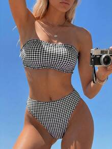 Swim Mod Conjunto de bikini bandeau con volantes y lazo para mujer, estampado de cuadros rosa, estilo niña linda - Blanco y Negro - Ver 5