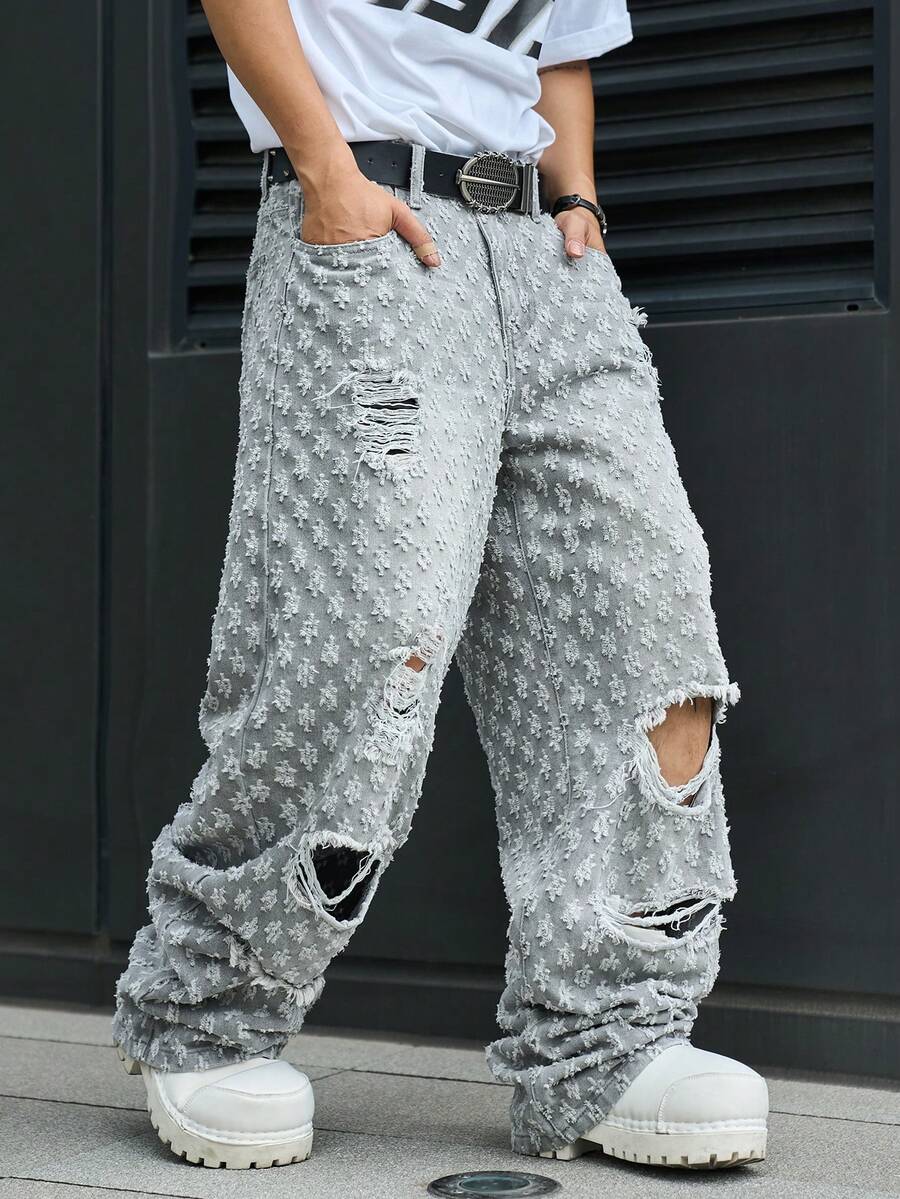 Manfinity EMRG Men's Casual Distressed Crochet Denim Jeans, Retro Gray Streetwear - Grey - View 1