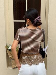 Serisse Women's Casual Lace Patchwork Striped T-Shirt, Summer - Brown - View 2