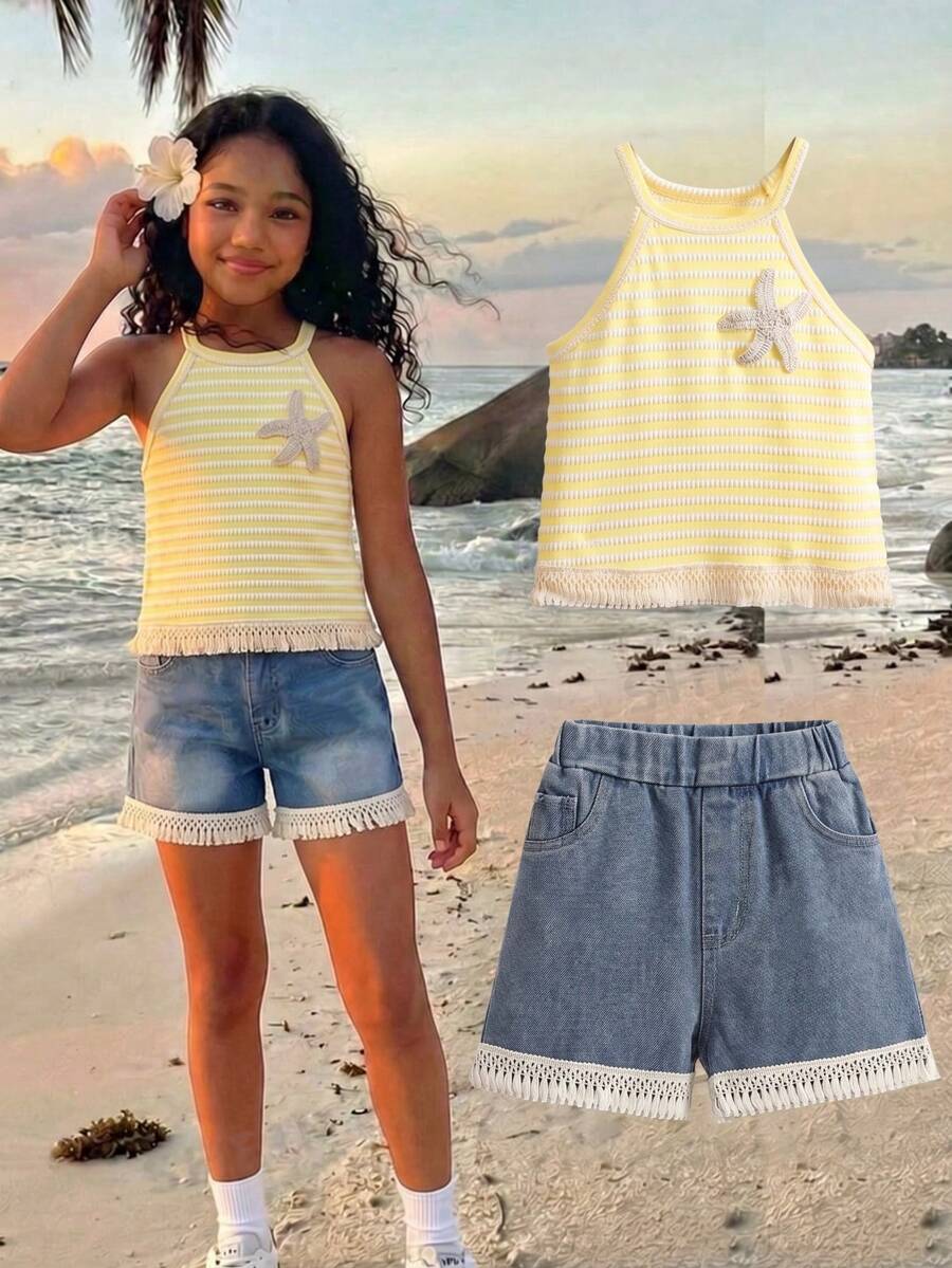 Sparklyn Mädchen-Outfit im Teenager-Alter mit 3D-Seestern-Dekor, gestreiftem Trägertop und Shorts, Lässig-Stil - Gelb - Übersicht 1
