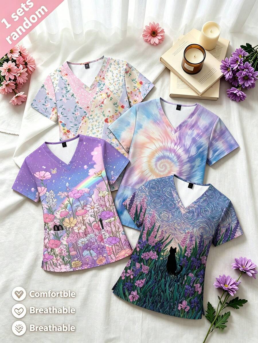 PopScrub 黑猫、鸢尾花、紫罗兰花卉油画纹理印花护士服上衣,V领短袖,双口袋,侧开衩设计,时尚女式工作服,可爱护士服上衣 - 彩色 - 查看 1