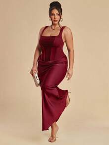 SHEIN BAE Elegant Mesh Ribbon Pleated Dress, Plus Size - Burgundy - View 4