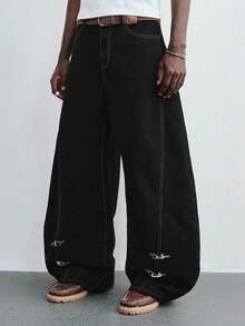 ROMWE MEN Street Life Men's Wide Leg Jeans With Plane Buckle And Slant Pockets - Black - View 4