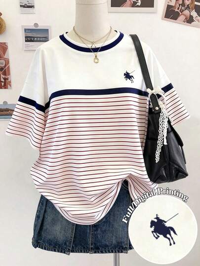 Lalippa เสื้อยืดลายทางสีตัดกันและลายพิมพ์เซ็นทอร์สำหรับผู้หญิงฤดูร้อน