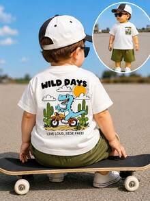 SHEIN Conjunto de 2 piezas de camiseta de punto de cuello redondo con estampado de dinosaurio blanco y pantalones cortos para bebé recién nacido niño de 6 meses a 3 años, ropa casual de verano para playa y deportes - Multicolor - Ver 4