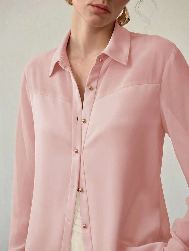 ELEGANT MINIMALIST COMMUTER SATIN PATCHWORK SHEER BLOUSE, SPRING/SUMMER