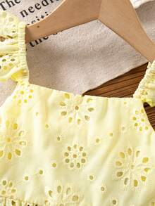 SHEIN LMoss Kids 女嬰可愛夏季度假百搭刺繡蝴蝶結背心上衣 - 芥末黃 - 查看 4