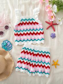 SHEIN 2pcs Young Girl Knitted Striped Colorblock Ruffle Collar Casual Top And Shorts Set - Red - View 4