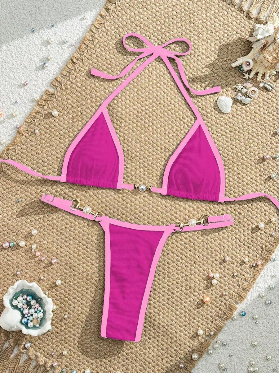 Swim Vcay Bộ Bikini Nữ Nhẫn Tương phản ràng buộc màu trơn - Màu Hồng Tươi - Xem 1