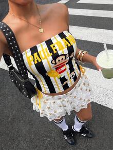 Muchica Paul Frank X SHEIN 女款休閒世界盃足球條紋印花抽繩綁帶貼身抹胸上衣，適合比賽日、賽事穿搭、畢業季、開學季、球迷周邊 - 彩色 - 查看 3