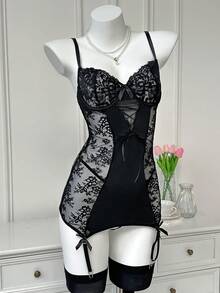 SHEIN 3pcs Set Lace Patchwork Bow Tie Sexy Nightgown - Black - View 8