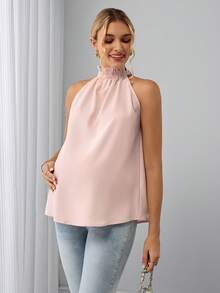 SHEIN Maternity Sweet Fashionable Elegant Elastic Neckline Ruched Tank Top Baby Shower Summer Pink And Blue Wedding Gender Reveal Guest Delivery - Pink - View 3
