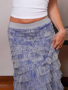 Women's Romantic Holiday Style Ditsy Floral Mesh Skirt Fall Cloth For Women - Dusty Blue - View 5