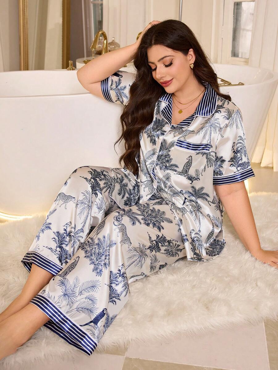 MuseNap CURVE Navy Blue Striped Contrast Tropical Animal Print Plus Size Pajama Set, Digital Print - Navy Blue - View 1