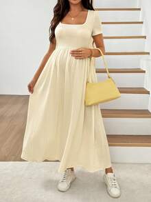 SHEIN Đầm bầu mùa hè mặc thường ngày đi du lịch màu trơn cổ vuông thắt eo - Màu be - Xem 6