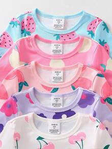 Young Girls Snug Fit Colorful Fruit Pajama Set With Lemon, Strawberry, Cherry & Flower Decor, Elastic Round Neck, Short Sleeve Shorts, Random 1 Set - Multicolor - View 5