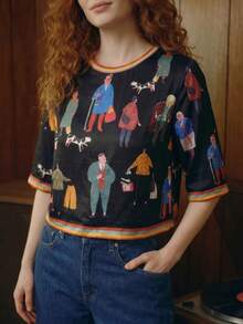 CAJUNI T-Shirt Cropped Top With People Print, Fun, Casual, And Playful. - Multicolor - View 3