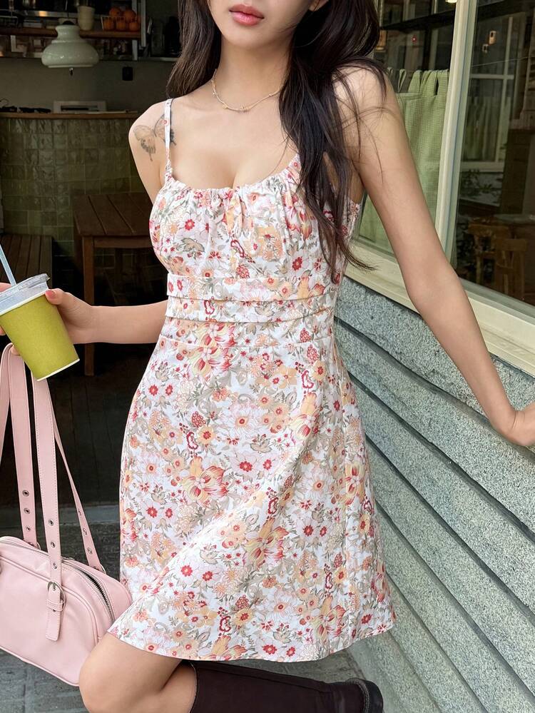 Ditsy Floral A-Line Waist Cinched Casual Sleeveless Mini Dress, Summer Vacation For Women